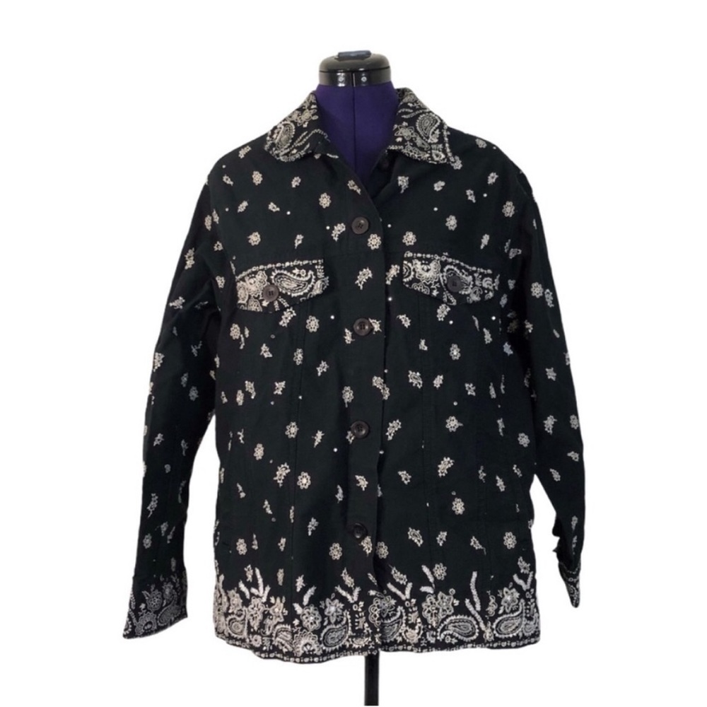 The Quacker Factory Black White Paisley Beaded Jacket